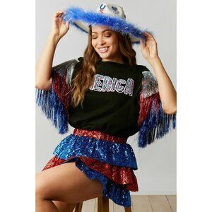 America Sequin Patch Top with Foil Tassel Sleeves in Black